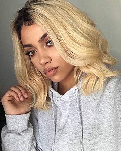 NiceToBuy Glueless Frontal Lace Remy Hair #1B/613 Blonde Ombre Natural Wave Human Hair Wig With Baby Hair Short Wavy Bob Human Hair Lace Front Wigs For Women 10 Inches (10 Inches)