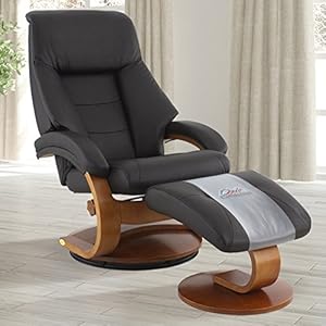 Wooden frame recliner next to inclined ottoman
