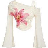 Floerns Women's Plus Size Y2K Floral Mesh Bell Sleeve Tops Off Shoulder Ruched T Shirts Asymmetrical Neck 70s Crop Tops
