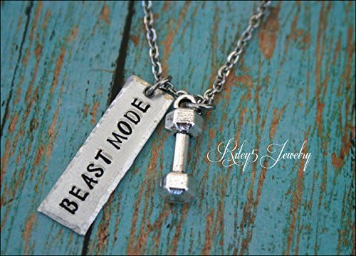 Hand Stamped "Beast Mode" Necklace Jewelry Personal Trainer, Workout, Exercised, Weightlifting, Dumbbell Charm, Barbell charm