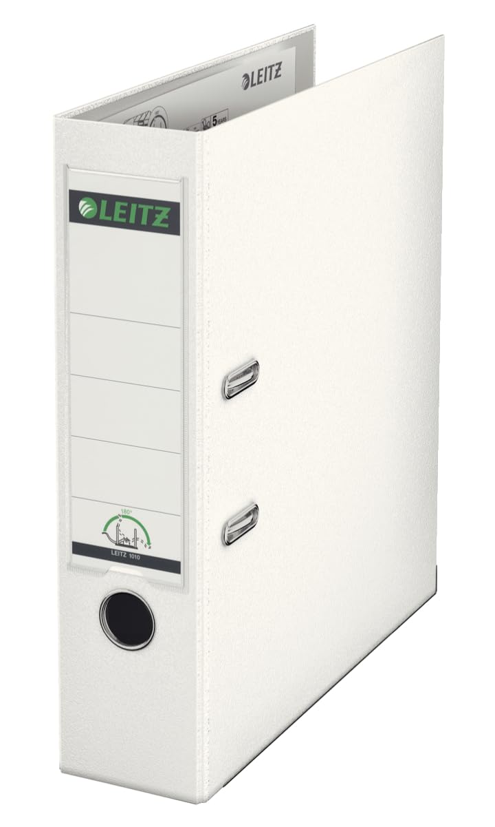Leitz Plastic Lever Arch File, 90 Percent Recycled Card, 30 Percent Pre-consumer Recycled Plastic, With Thumbhole and Rado Rings, 80mm Spine 600 Sheet Capacity, White, 10101001