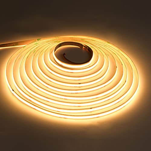 COB LED Strip 5M, Warm White 2700K LED Strip Light DC24V, 480LEDs/M, CRI 90+ Super Bright Uniform Dotless LED Tape Lights for Cabinet Kitchen Home DIY Indoor Lighting Projects (No Power Supply)
