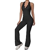 KAIFUYING Women Workout Scrunch Flare Jumpsuits Lace Deep V Hanging Neck Halter Backless Butt Lift Gym Yoga Jumpsuits