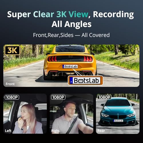Botslab 3K 4 Channel Dash Cam,560°All-Sides View,Front and Rear Inside Car Camera with 3.18”Touch Screen,Dash Camera 24/7 Parking Mode,Built-in GPS 5.8G WiFi Night Vision Voice Control,Free 128GB Card