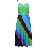Womens 13 Going On 30 Jenna Rink Retro Rainbow Stripe Sexy Cut-Out Dress Summer Backless Sleeveless Party Costume Outfit