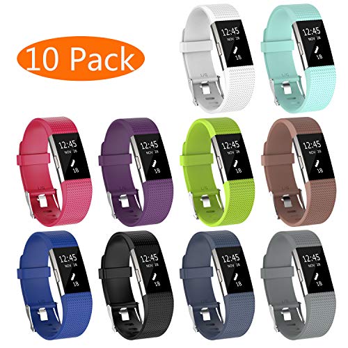 KingAcc Compatible Fitbit Charge 2 Bands, Soft Silicone Replacement Band for Fitbit Charge 2, with Metal Buckle Fitness Wristband Sport Strap Women Men (10-Pack, 10 Colors, Small)