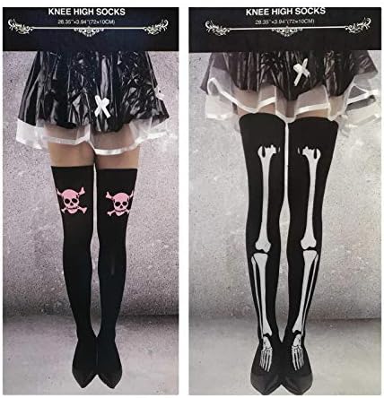 2 pr Women's Skull & Crossbones Skeleton Opaque Thigh Knee High Stocking Socks Bundle Halloween Cosplay - 1 Pink Skull & 1 Skeleton Pair
