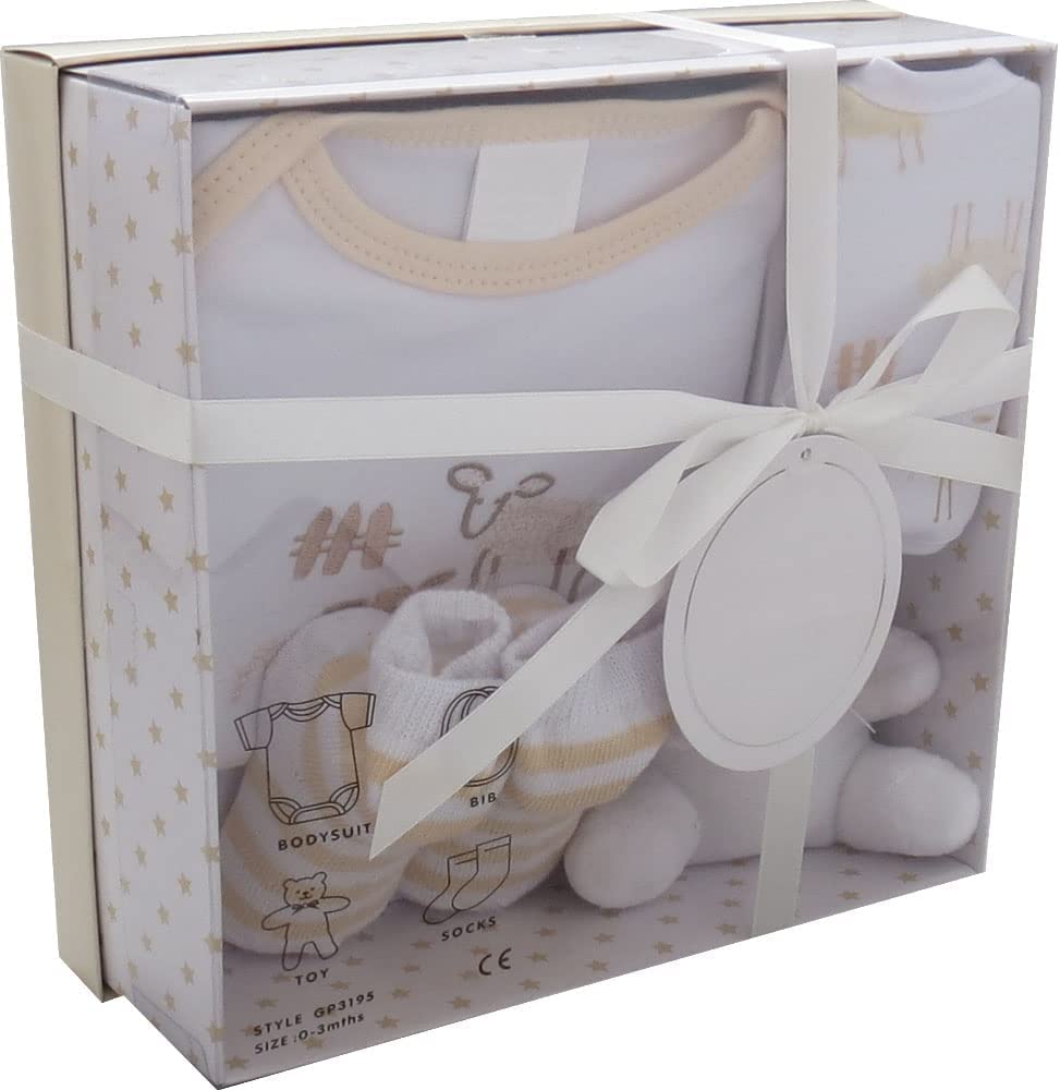 Kris X Kids Newborn Baby Gift Set with Bodysuit, Bib, Toy, Socks in a Gift Box. 0-3 Months (0-3 Months, Cream)
