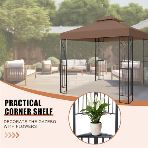 8x8 Brown Soft Top Patio Gazebo with Corner Shelves & Double Roof image 20