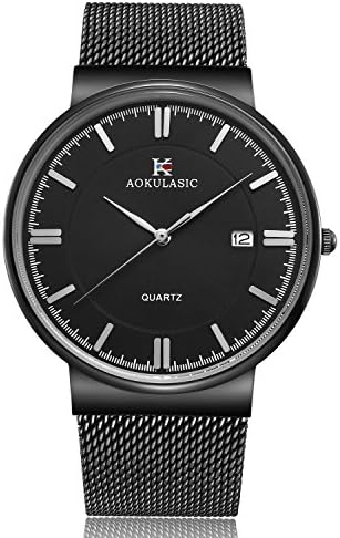 ALIENWOLF Men's Simplicity Wrist Quartz Analog Watch Date Display with Milanese Mesh Bands, Black-Black