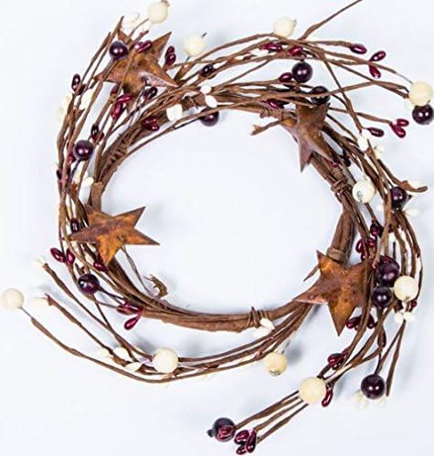 Set of 2 Burgundy and Cream Mixed Berry and Rusty Tin Star Hand Wrapped Candle Rings