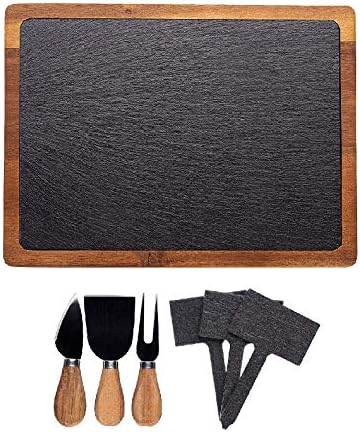 VersaChalk Slate Cheese Board and Knife Set with Markers, 16 x 12 Inches - Rustic Wood Farmhouse Charcuterie Board Serving Platter Tray