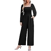 CUPSHE Women's Long Sleeve Jumpsuits Casual Square Neck Wide Leg Smocked One Piece Jumpsuit with Pockets