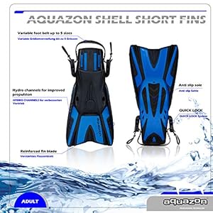Schnorchelmasken 513y1Rz1pUL. SS300 AQUAZON SHELL, Kurzflossen Trainingsflossen, Schwimmflosssen, Reiseflossen, Schnorchelflossen grössenverstellbar mit Free Heel System, Sehr robust für Erwachsene Männer und FrauenUnser Modell SHELL ist eine professionelle, fersenfreie, verstellbare Kurzflosse, die sehr gut zum Bodyboarden, Tauchen, Schnorcheln, Schwimmen oder zum Unterwasserrugby geeignet ist. Durch das Verstellsystem hat die ganze Familie Spaß an dieser Flosse ! Sie verfügt über ein QUICK FIX System, mittels dessen kinderleicht ein Bereich von ca. 5 Schuhgrößen variabel eingestellt werden kann. Das QUICK Fix System ist sehr robust und professionell ausgelegt. Bei dem im Fußbereich eingesetzten THERMORUBBER handelt es sich um ein hochelastisches, sehr anschmiegsames Material. Die Flosse lässt sich daher sehr einfach und bequem an- und ausziehen. Die Flosse eignet sich aufgrund des kürzeren Flossenblattes und der daraus resultierenden kompakten Größe und dem geringen Gewicht auch sehr gut als Urlaubs- und Reiseflosse. Professionelle, robuste, grössenverstellbare Kurzflosse mit hervorragendem Preis-/Leistungsverhältnis. Sehr gut zum Bodyboarden, Tauchen, Schnorcheln, Schwimmen oder zum Unterwasserrugby geeignetLeicht zu bedienendes, hochwertiges QUICK FIX Verstellsystem, die Trainingsflosse ist dadurch in einem Grössenbereich von bis zu 5 Schuhgrössen einstellbar Ferse freiliegend (Free Heel System) , die Kurzflosse ist daher im Wasser sehr feinfühlig steuerbar und weniger belastend für Fussgelenke. Aufgrund des kompakten Maßes ideal als ReiseflosseDas Flossenblatt der Flosse ist aus AQUAFLEX gefertigt, einem leichten und zugleich reaktiven Material, das mit Flexrubbereinlagen für eine verbesserte Hydrodynamik versehen istAllgemeine Warnhinweise: Achten Sie immer darauf, nicht zu weit zu schwimmen, die Rückkehr zum Ufer könnte Sie überfordern. Bitte atmen Sie niemals mehr als 3 mal tief ein, bevor Sie tauchen, das könnte zu einer Hyperventilation führen, sodass Sie