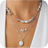 Layered Gold Beaded Chain Choker Sea Star Irregular Baroque Pearl Pendant Necklaces for Women, Delicate Silver Starfish Necklace Beach Holiday Jewelry