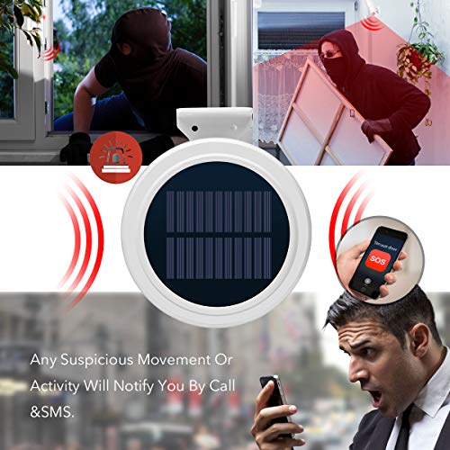 Wireless Outdoor Solar Powered Burglar Home Security Alarm Siren, Waterproof RV Alarm DIY Driveway Alert System with 2 Motion Detector, 1 Door Sensors and Remote Controls