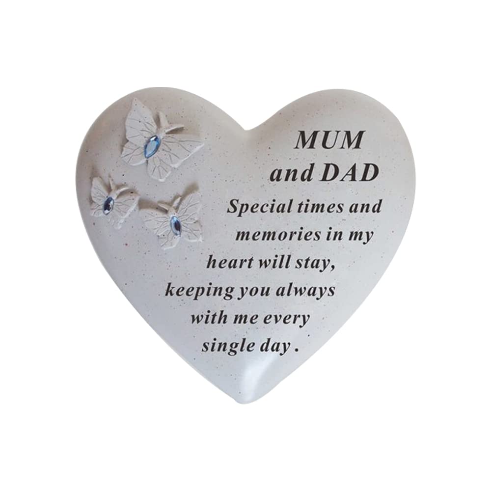 Personalised Grave Ornament/Memorial Plaque with Heart With 3 butterflies & Blue Gems | Graveside Decoration Gift in the Loving Memory of your Loving Deceased Ones (Mum and Dad)
