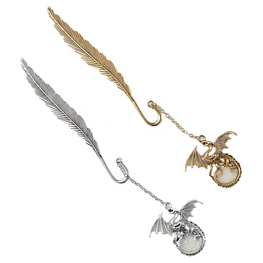Risedot 2pcs Metal Feather Bookmarks, Men Women Luminous Glow in The Dark Book Lovers Retro Antique Dragon Bookmark