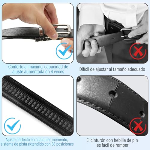 LEMONSEA Cinturones Hombre, 2 Piezas Cinturón Hombre Cuero, Cinto Hombre con Hebilla Automática Ajustable, Cinturones Hombre Piel para Traje, Estilo Casual y Vaqueros, con 2 Llavero (Negro & Marrón)