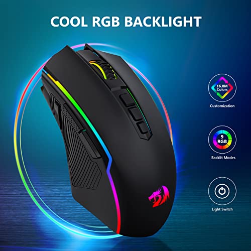 Redragon Wireless Gamer Mouse, Rechargeable Wireless Mouse with 8000 DPI, Ergonomic, RGB, 9 Buttons Programmable with Fire Button, 70 Hours, Gaming Mouse for Windows and Mac – Black
