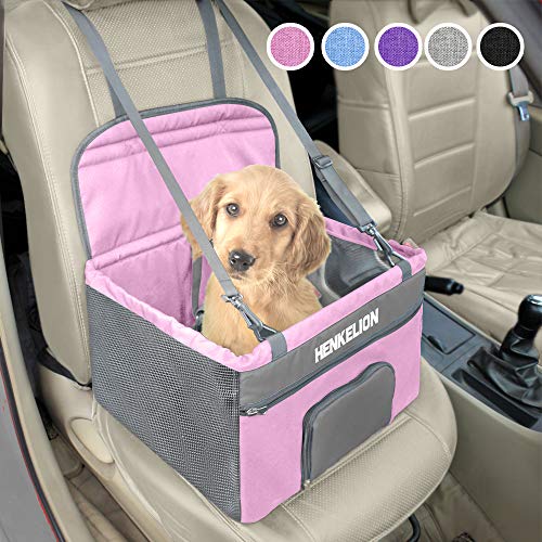 Henkelion Pet Dog Booster Seat, Deluxe Pet Booster Car Seat for Small Dogs Medium Dogs, Reinforce Metal Frame Construction, Portable Waterproof Collapsible Dog Car Carrier with Seat Belt - Pink