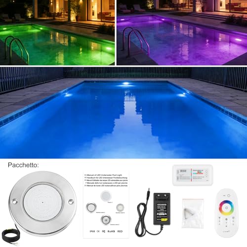 COOLWEST Resin Filled LED Pool Light, 18 W RGB LED Spotlights Ultra-Flat Lighting Stainless Steel, Pool Lights with Remote Control, IP68 Waterproof, 24 V DC, Dimmable