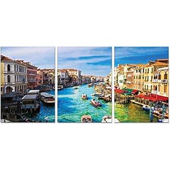 SLS Vision. Life in Venice. 41 x 20 inches. Ready to Hang. Contemporary Art, Modern Wall Decor, 3 Panel Commercial Grade Machine Framed Giclee Canvas Print. Home Decoration Painting. B1162S