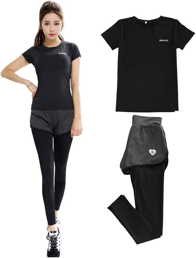 Amazon レディース スポーツウェア ジム トレーニング スカート付き レギンス と パンツ 一体型 可愛い 吸汗 速乾 黒 9分丈 上下セット ジャージ上下セット 通販