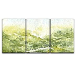 3 Panel Canvas Wall Art - Watercolor Style Spring Valley Green Grass - Giclee Print Gallery Wrap Modern Home Art Ready to Hang - 16"x24" x 3 Panels