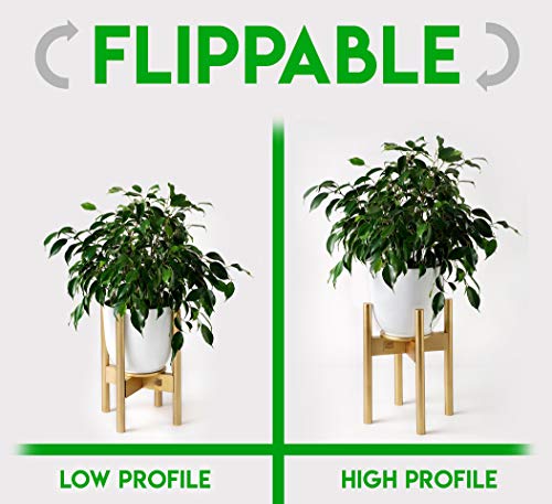 Golden Plant Stands Indoor with Tray / Coaster - Adjustable Size fits 8 9 10 11 12 Inches Small / Large Pots - Bamboo Wood - Mid Century Modern Planter Holder