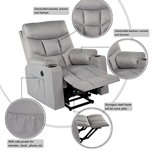 YODOLLA Electric Power Recliner Chair, Recliner Sofa with Massage & Heat Function, Lazy Boy Recliner Chair with Side Pockets and Cup Holder, USB Ports, Gray