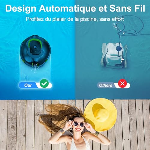MEDOXA Robot de Piscine sans Fil, aspirateur de Piscine Automatique, 120 Minutes d'autonomie, stationnement Automatique, léger, Puissant Robot pour Piscine Hors-Sol/enterrée jusqu'à 110 ㎡(Noir Bleu)