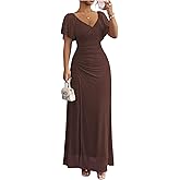 BEAUDRM Women's Elegant Ruched Long Dress Split Thigh V Neck Short Sleeve Cocktail Dress Going Out Maxi Dresses