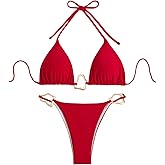 Verdusa Women's 2 Piece Halter Bikini Set Metal Ring High Cut Swimsuits Beach Vacation Clothes