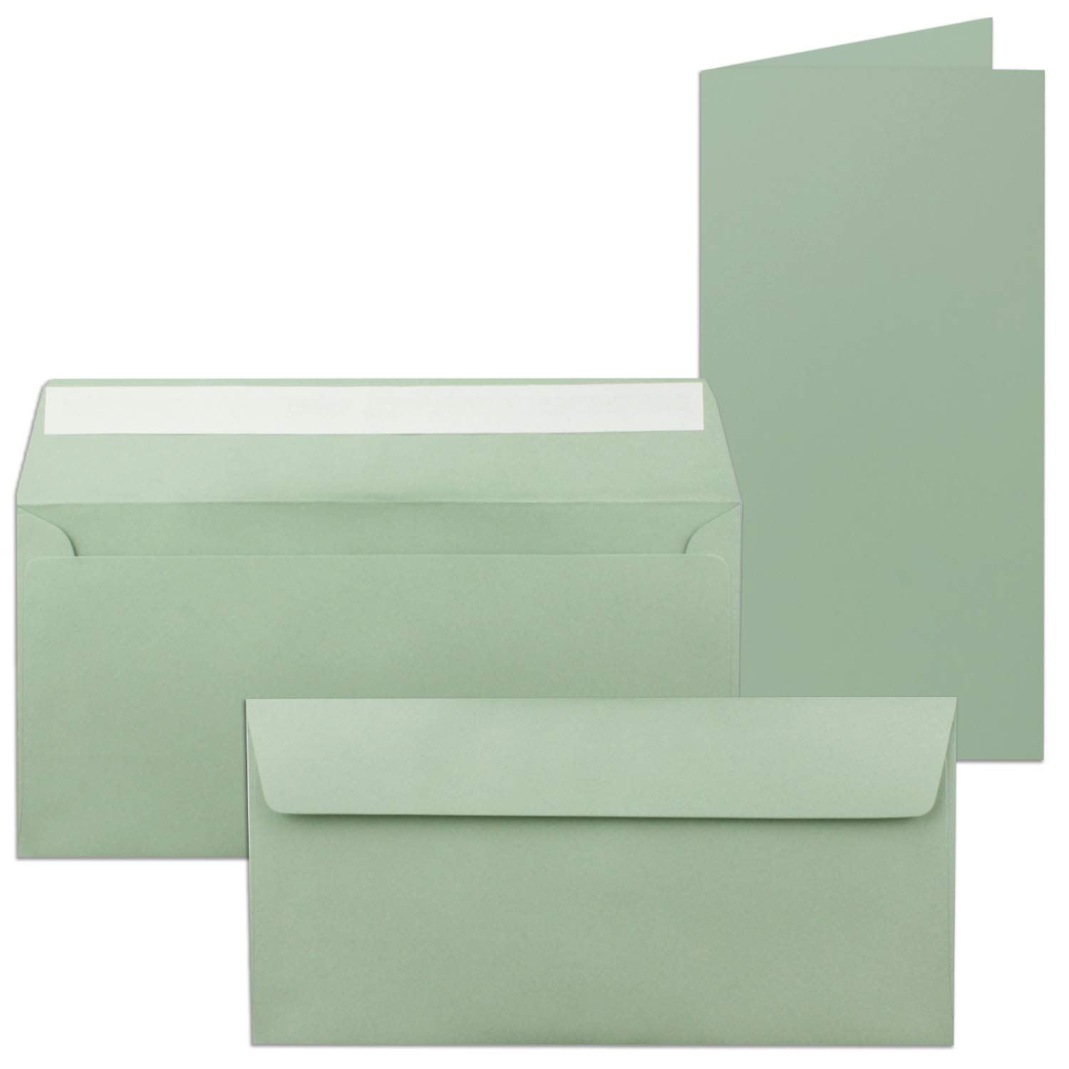 50x folding card set with envelopes DIN long in eucalyptus (green) - 21 x 10.5 cm - Blank folding cards and envelopes for invitations and greetings for birthdays and weddings