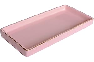 HANKOR 10 x 5 Ceramic Bathroom Tray for Countertop, Decorative Vanity Tray for Dresser Tops, Small Rectangular Trays for Perfume, Candle, Jewelry, Cosmetics (Pink)