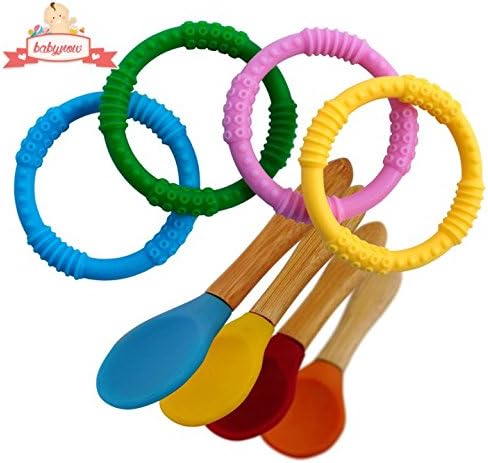 Babynow Teething and Weaning Value Pack - Jump Start Your Childs Success with 4 Teether Rings and 4 Feeding Spoons Made from Silicone with no BPA