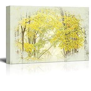 Canvas Print Landscape Wall Art - Yellow Tree Leaves in Autumn - Gallery Wrap Modern Home Art | Ready to Hang -12x18 inches