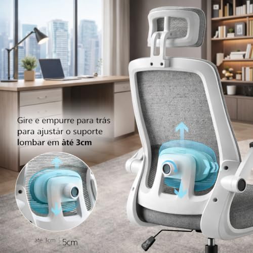BlidShop Cadeira de Escritório Ergonômica, Suporte 120kg, Ajuste Lombar, Apoio de Cabeça, Tela Mesh Premium, Giratória, Home Office (Branca e Cinza)