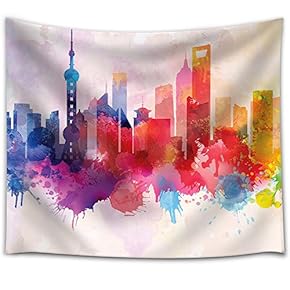 Colorful Rainbow Splattered Paint on The City of Shanghai in China - Fabric Tapestry, Home Decor - 51x60 inches