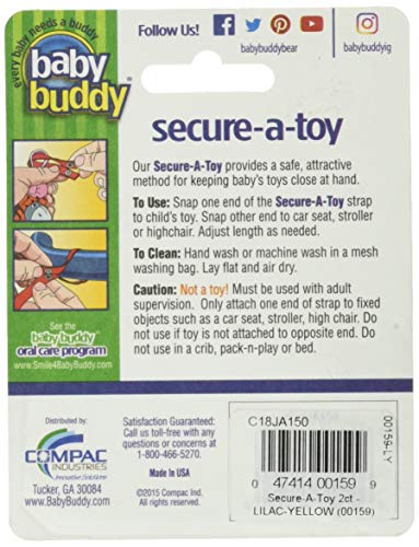 Baby Buddy Secure-A-Toy - Straps Toys, Teether, or Pacifiers to Strollers, Highchairs, Car Seats- Safety Leash With Adjustable Length to Keep Toys Sanitary & Clean, Lilac/Yellow 2 Count