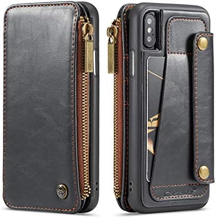 Wallet Leather Case for Apple iPhone XS iPhone X , Black 4 Card Slot (ID card,credit card)2 Money Pockets(one Zipper) Kickstand Full Protection 5.8inch Removable Design Best Gift for Girls Boys Unisex