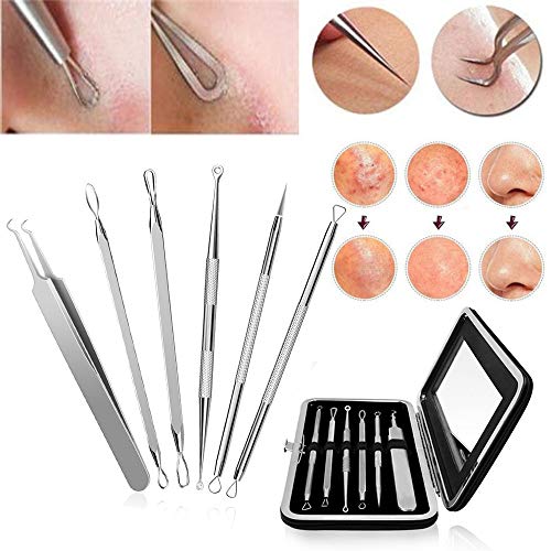 6 PCS Blackhead Remover Kit, Puyujin Acne Extractor Blackhead Tweezers Professional Stainless Pimple Acne Blemish Removal Tools Set Facial Pore Cleaner - Shipped From USA (Sliver 6 Pcs)