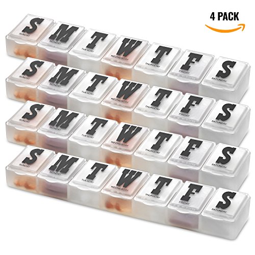 Pill Organizers - Pack of 4 Bold Letter Weekly Pill Planners for 28 Days Total to Separate Supplements, Fish Oils & Vitamins Daily Medication Reminder for Travel & Purse
