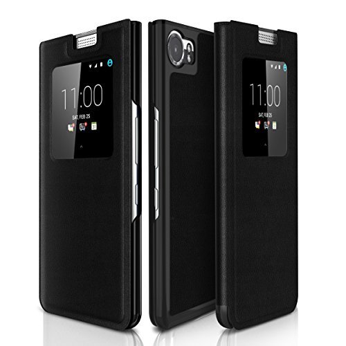 BlackBerry KEYone Case, BASSTOP Flip PU Leather Full Coverage Luxury Hard PC Back case cover with Sleep Function for BlackBerry KEYone, Black