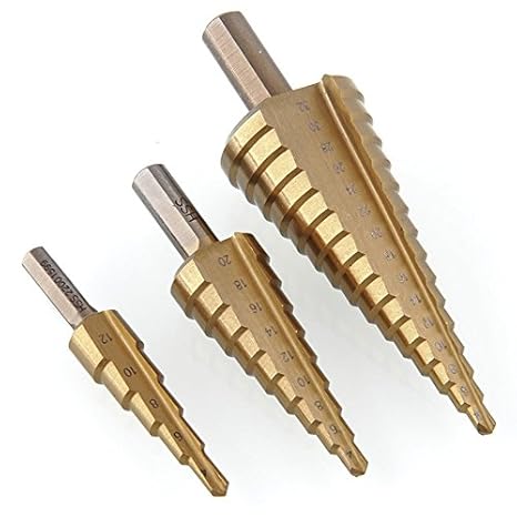 Generic 3 pcs / lot hss step drills set 4-12mm 4-20mm 4-32mm titanium coated core drill bits chamfering cutter