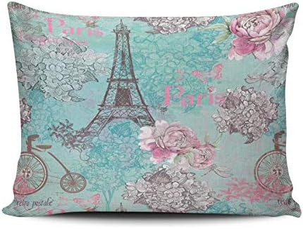 XIUBA Pillowcases Aqua Turquoise and Pink Vintage Paris Eiffel Tower Flowers Bicycle Customizable Decorative Rectangle 12x16 inch Boudoir Size Throw Pillow Case Hidden Zipper One Side Design Printed