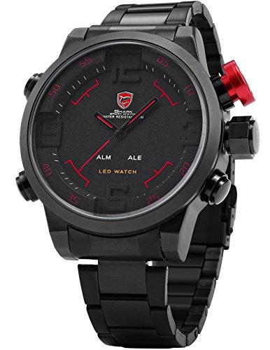 SHARK Men's Sport LED Quartz Stainless Steel Band Wrist Watch Date Day Alarm SH105