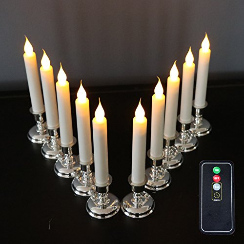 Set of 10 Flameless White Taper Window Candles with Removable Silver