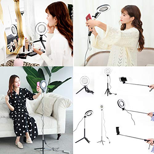 Dimmable Ring Light with Adjustable Height Light Standï¼ŒSelfie Stick and USB Plug,6" 3200K~5500K Beauty Table Top Lamp with Makeup Mirror,Mini Tripod and Phone Clamp, Perfect for Vlogs,YouTube Channel